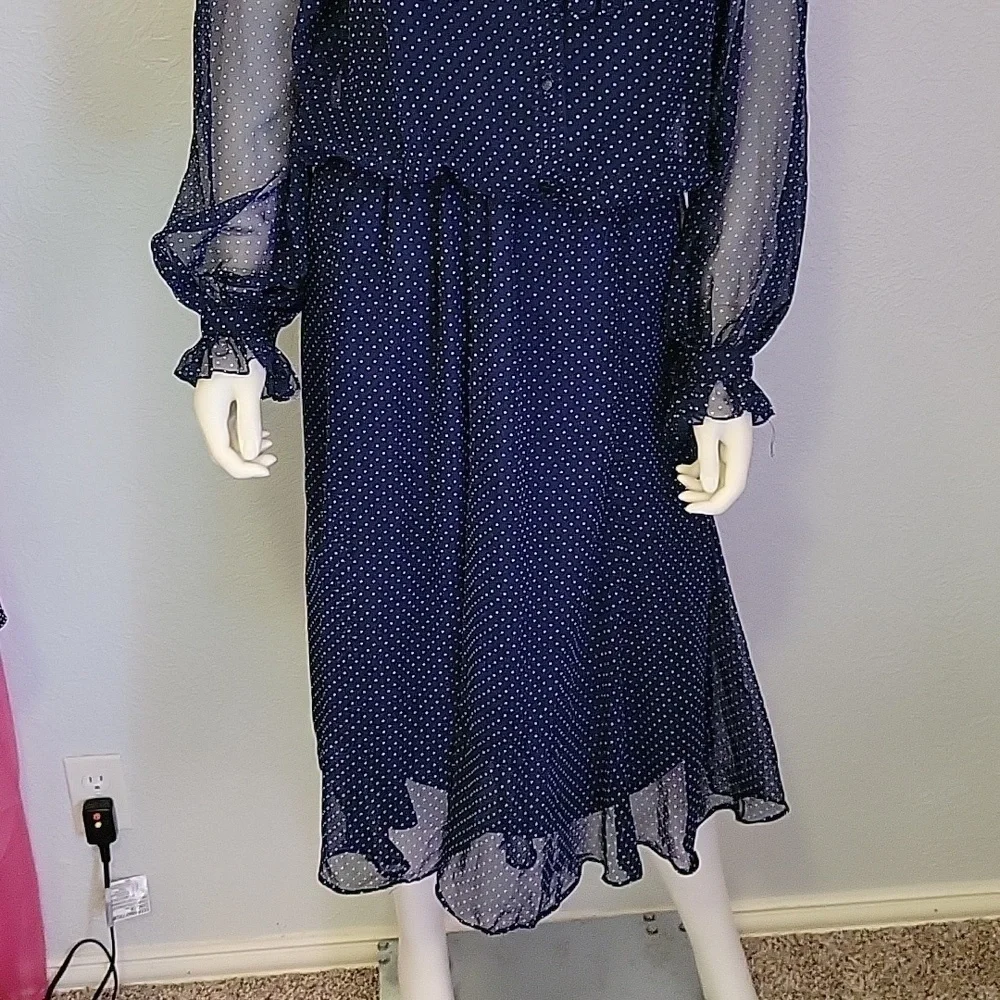 VTG AJ BARI Navy Pin Dot Chiffon Blouson Ruffle Bow Tie Castlecore Shirt Dress - Picture 7 of 10